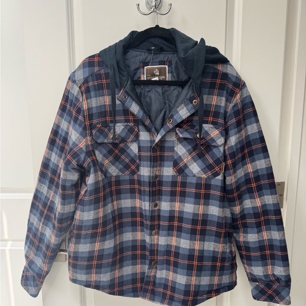 Men's Blue and Orange Plaid Jacket with Hood